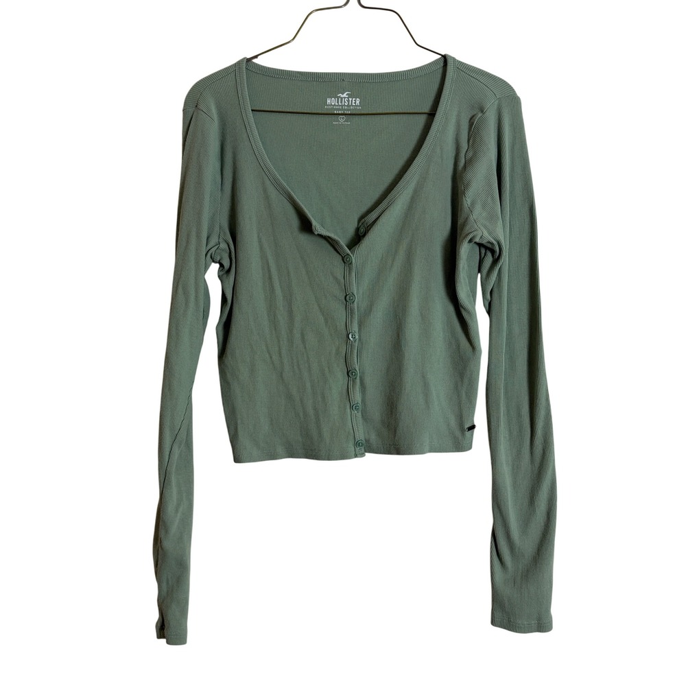 Hollister Must-Have Collection Sage Green Ribbed Button Front Baby Tee Large